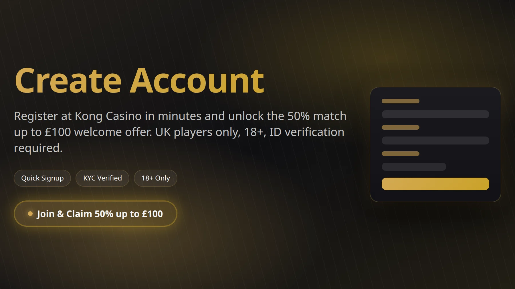 Kong Casino sign-up form for UK players